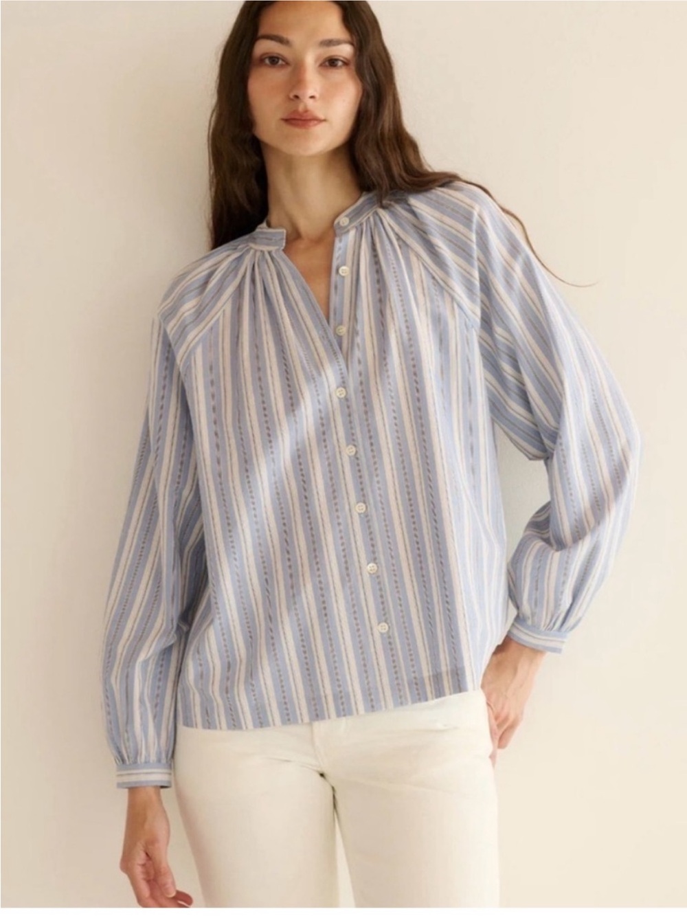 Doen Light Blue and White Striped Button-Down Blouse